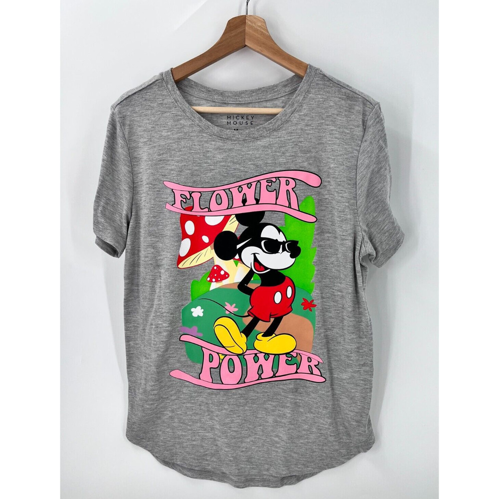 Disney Mickey Mouse FLOWER POWERT Shirt Short Sleeve Gray Juniors Size XXL 2XL